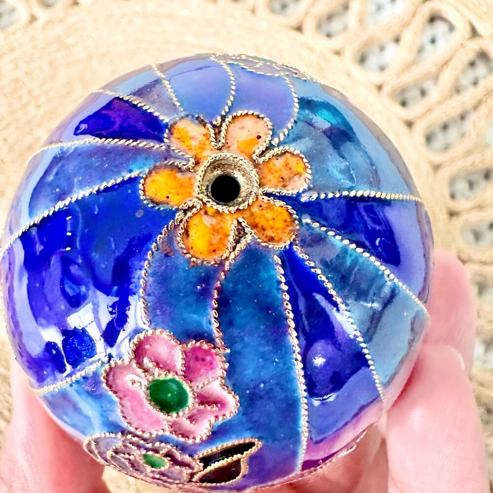 Vintage Orange Blue Pink Floral Cloisonne Egg Ornament Ornate Heavy Artsy - Picture 4 of 6